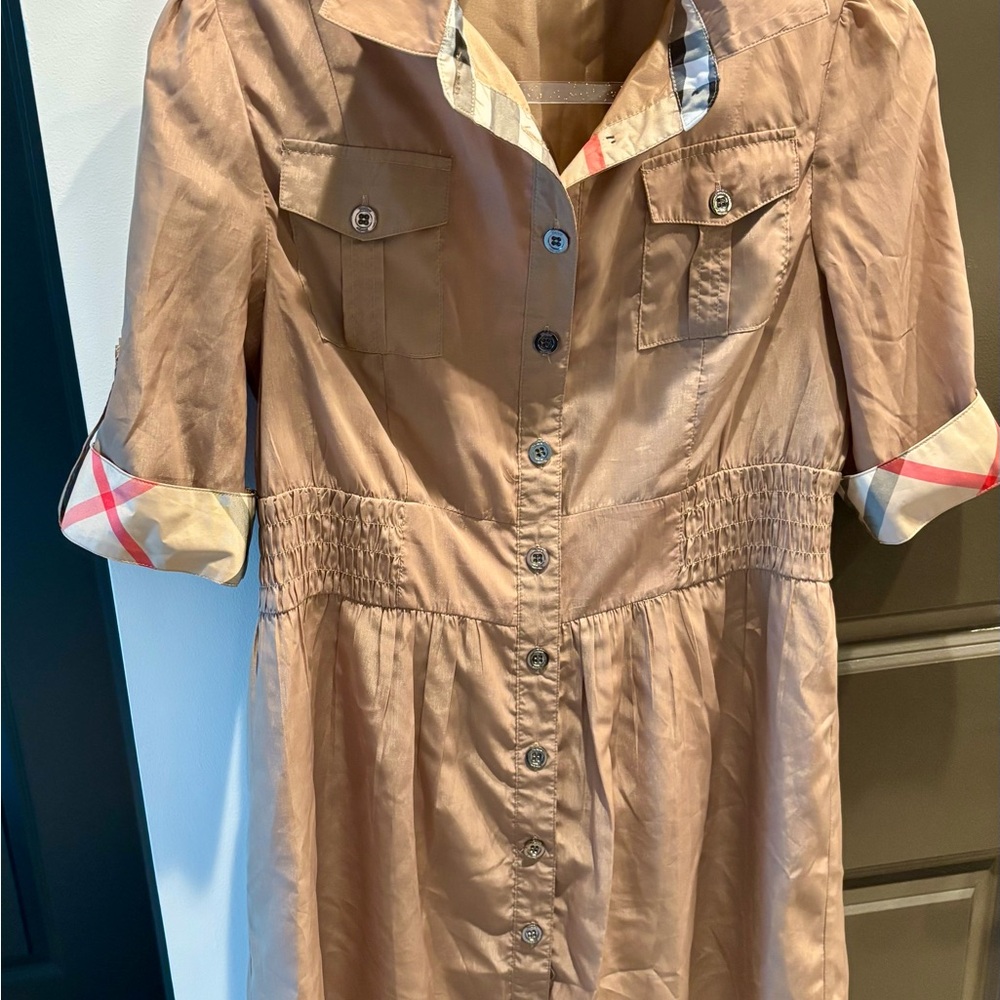 Tan Button-Up Dress with Plaid Accents